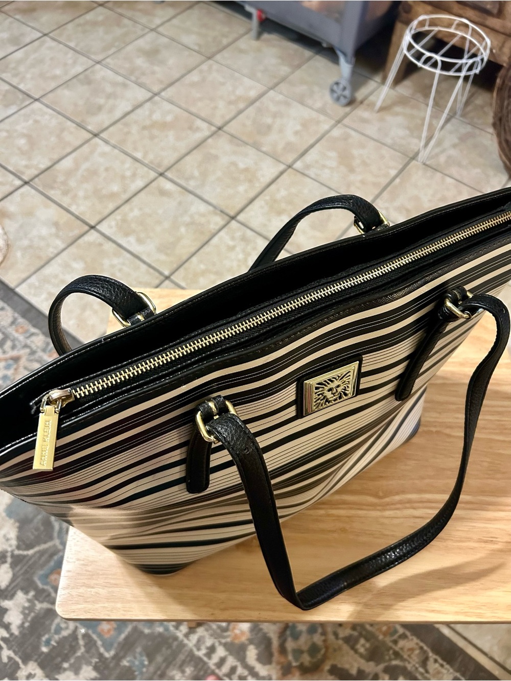 Anne Klein Perfect Tote Black White Stripe Small Shopper EUC - Picture 7 of 7